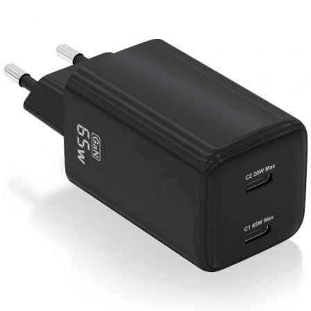 Cargador de Pared GaN Aisens ASCH-65W2P040-BK/ 2xUSB Tipo-C/ 65W